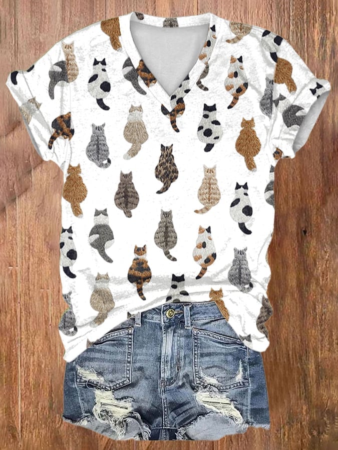 Women'S Cute Cats Embroidery Print T-shirt