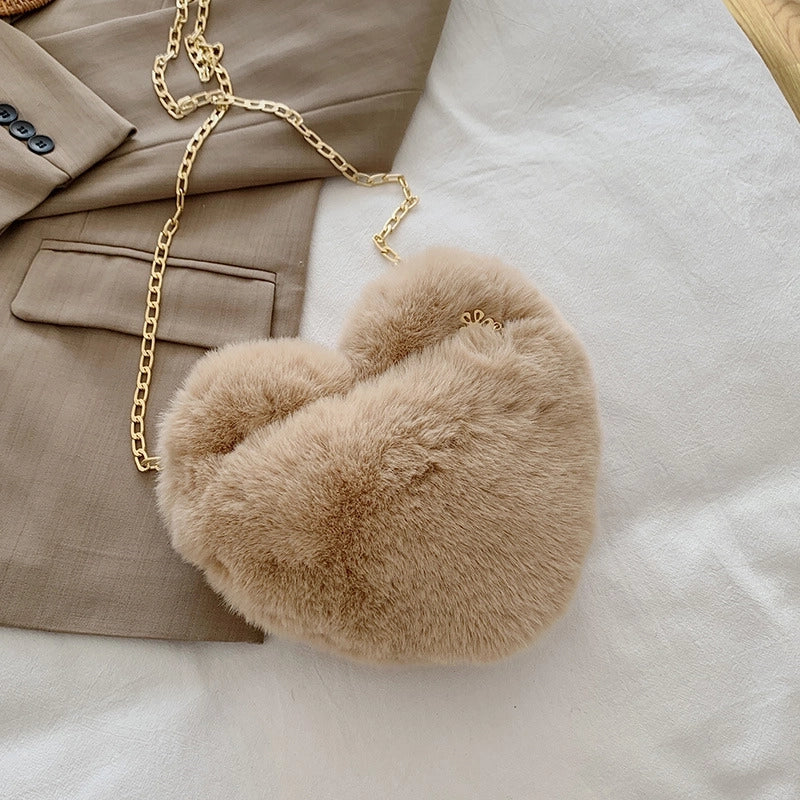 Women's Plush Solid Color Cute Heart-shaped Zipper Crossbody Bag