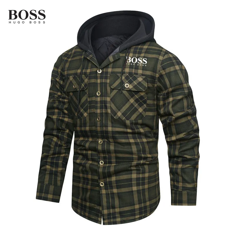 BOSS Thick Plaid Long Sleeve Loose Hooded Sweathershirt Men