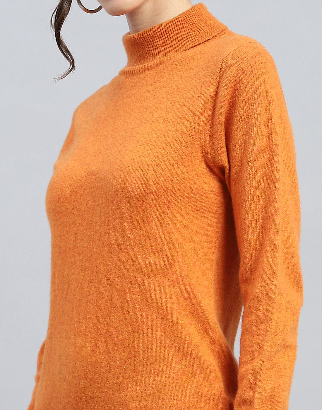 Women Orange Solid Turtle Neck Full Sleeve Winter Top