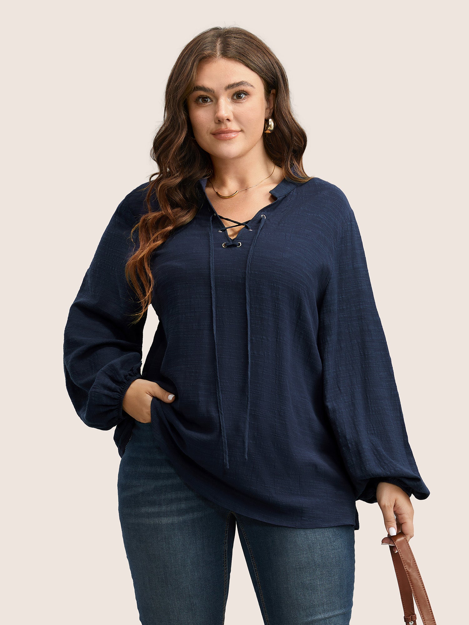 Plain Lace Up Lantern Sleeve Blouse