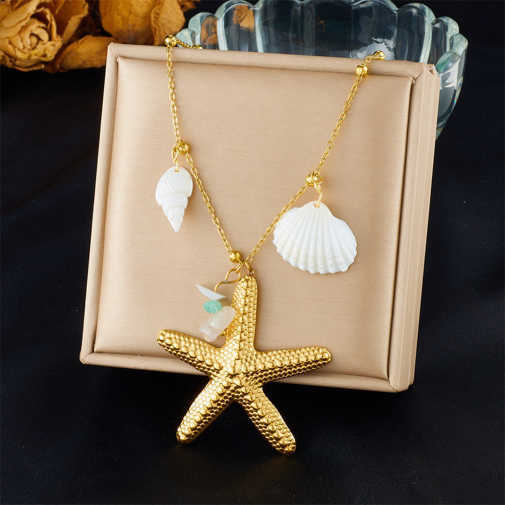 Fashion Holiday Advanced Multi-Element Marine Life Pendant Shell Starfish Sun Stainless Steel Necklace