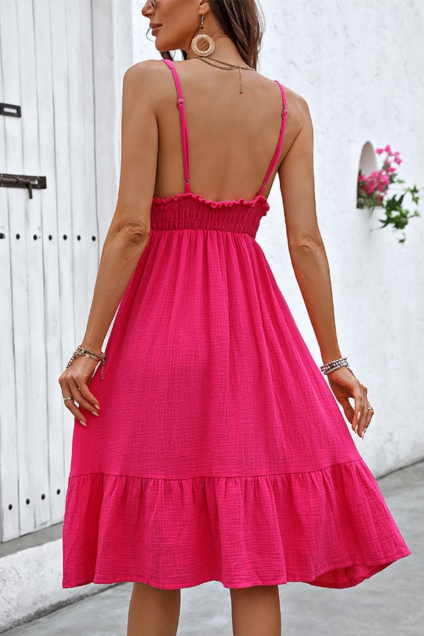 V Neck Smocked Waist Frill Casual Dress