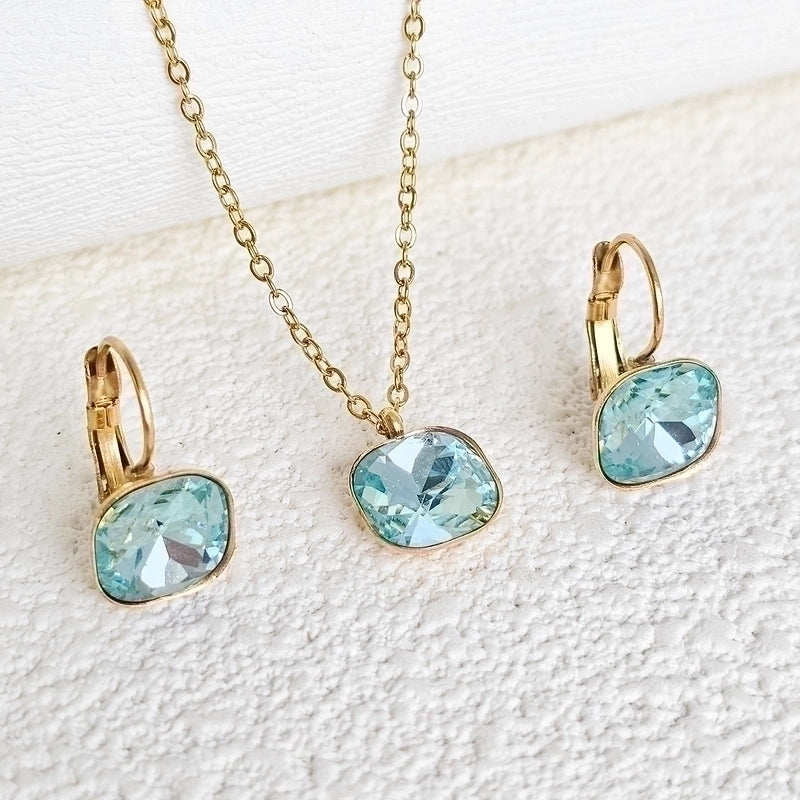 304 Stainless Steel Gold Plated Minimalist Shiny Inlay Square Zircon Jewelry Set