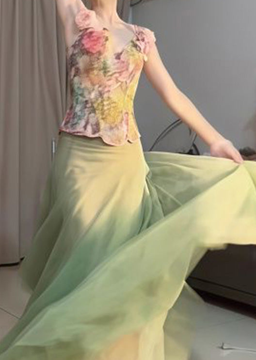 Fashion Green Floral Tops And Skirts Tulle Two Pieces Set Summer
