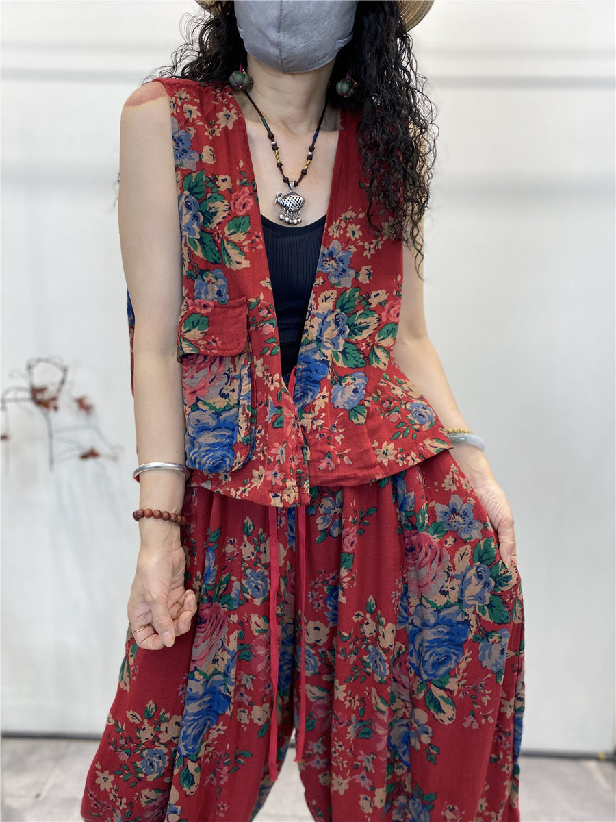 Plus Size Women Summer Vintage Floral Pocket Pants