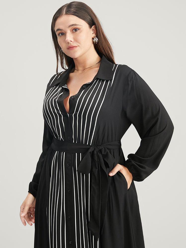 Striped Contrast Pocket Button Detail Belted Dress