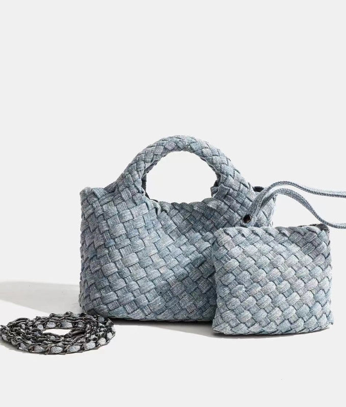 Women's Denim Solid Color Classic Style Weave Bucket Open Shoulder Bag