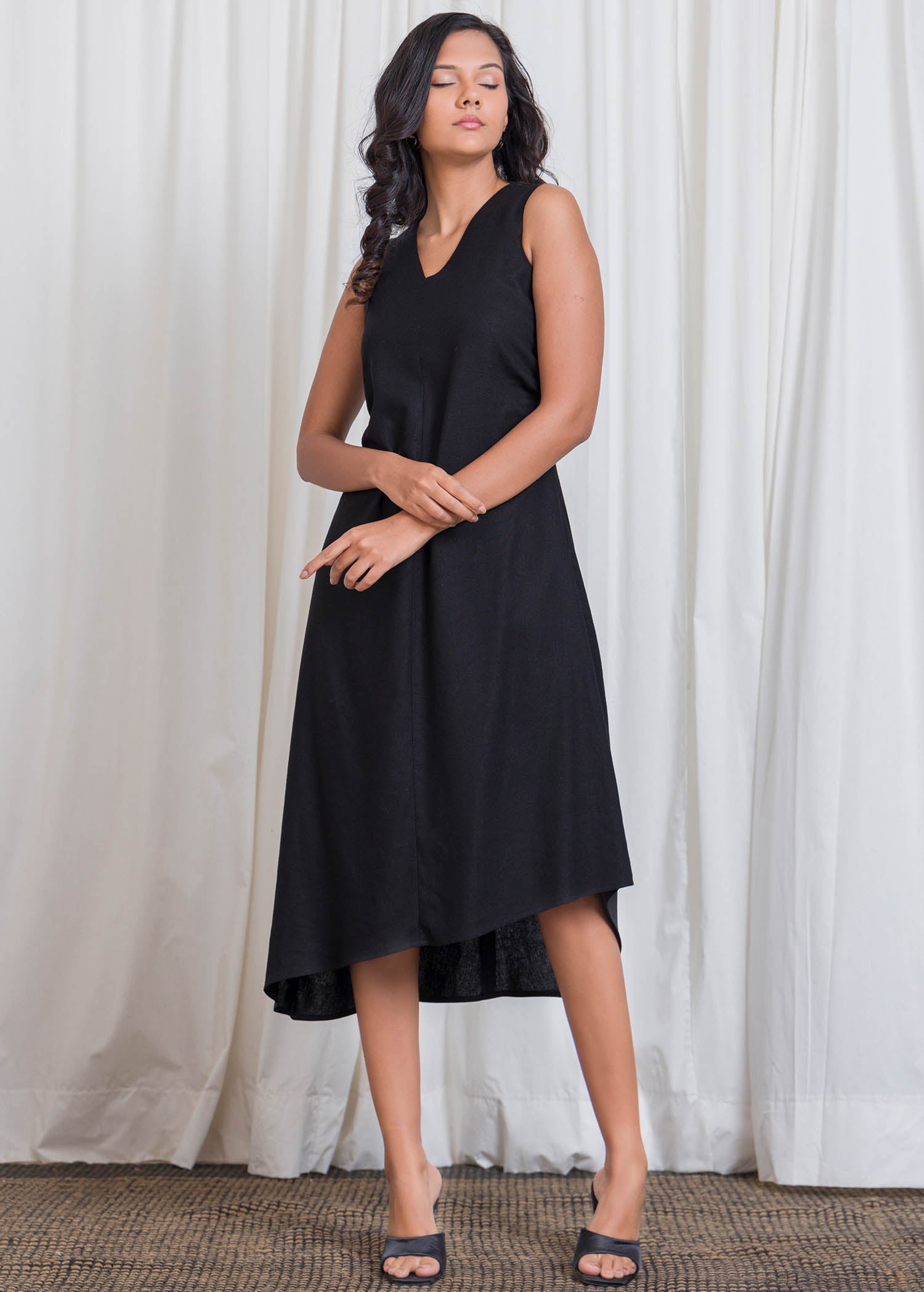 Uneven Hem Midi Dress With Side Ruched Detail