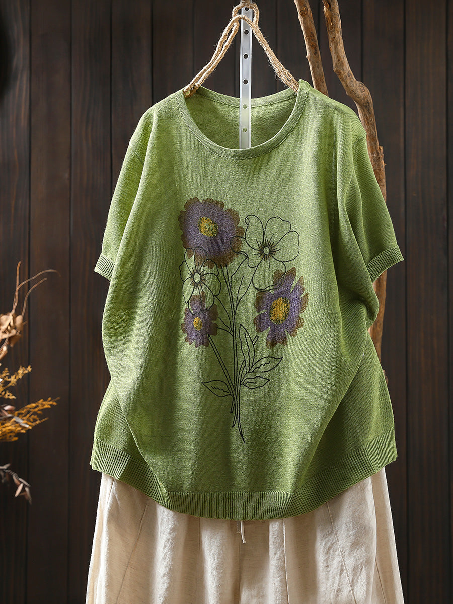 Women Summer Artsy Flower Knitted Linen Cotton Shirt