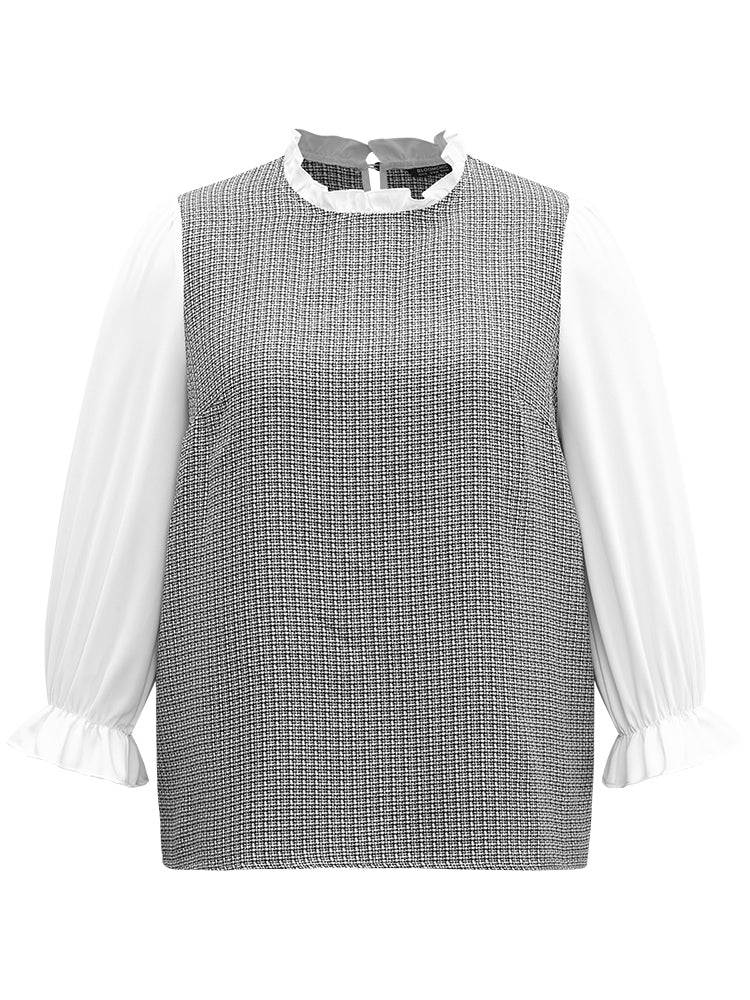Gingham Ruffles Patchwork Frill Trim Blouse