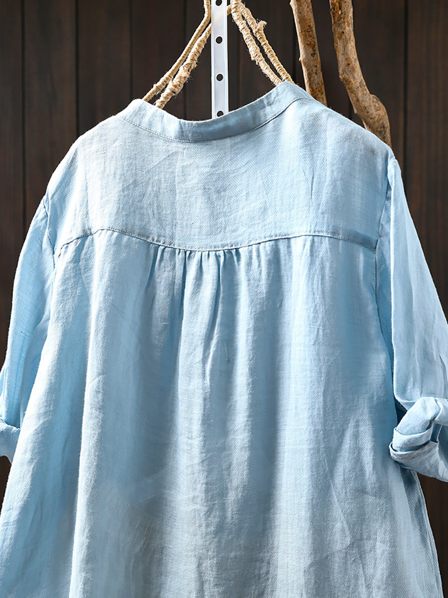 Women Summer Pure Color Stand Collar 100%Ramie Shirt
