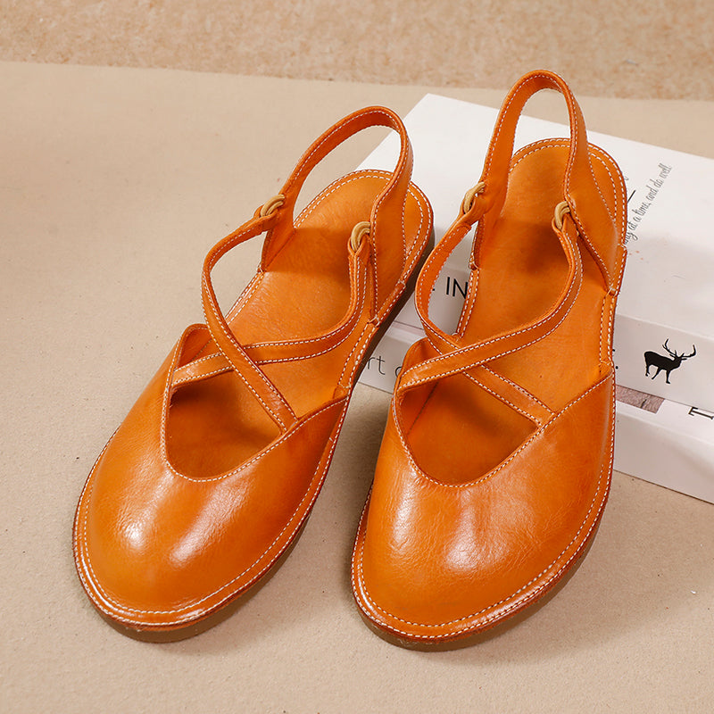 Casual Leather Closed-Toe Flat Sandals Soft Sole Summer X-Strap Slingback Shoes in Caramel/Brown