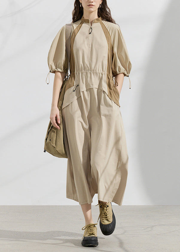 Original Design Khaki Drawstring Patchwork Cotton Dresses Summer