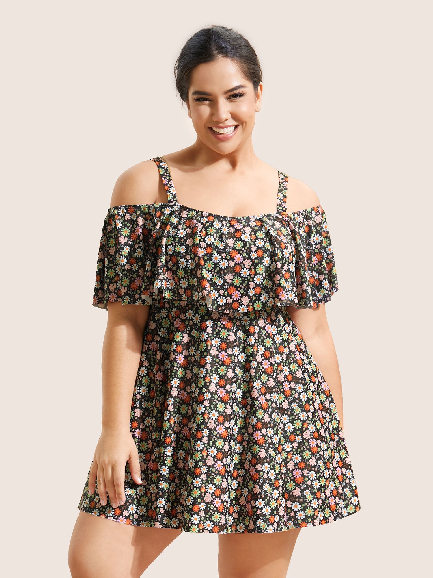 Ditsy Floral Ruffles Cold Shoulder Swim Dress