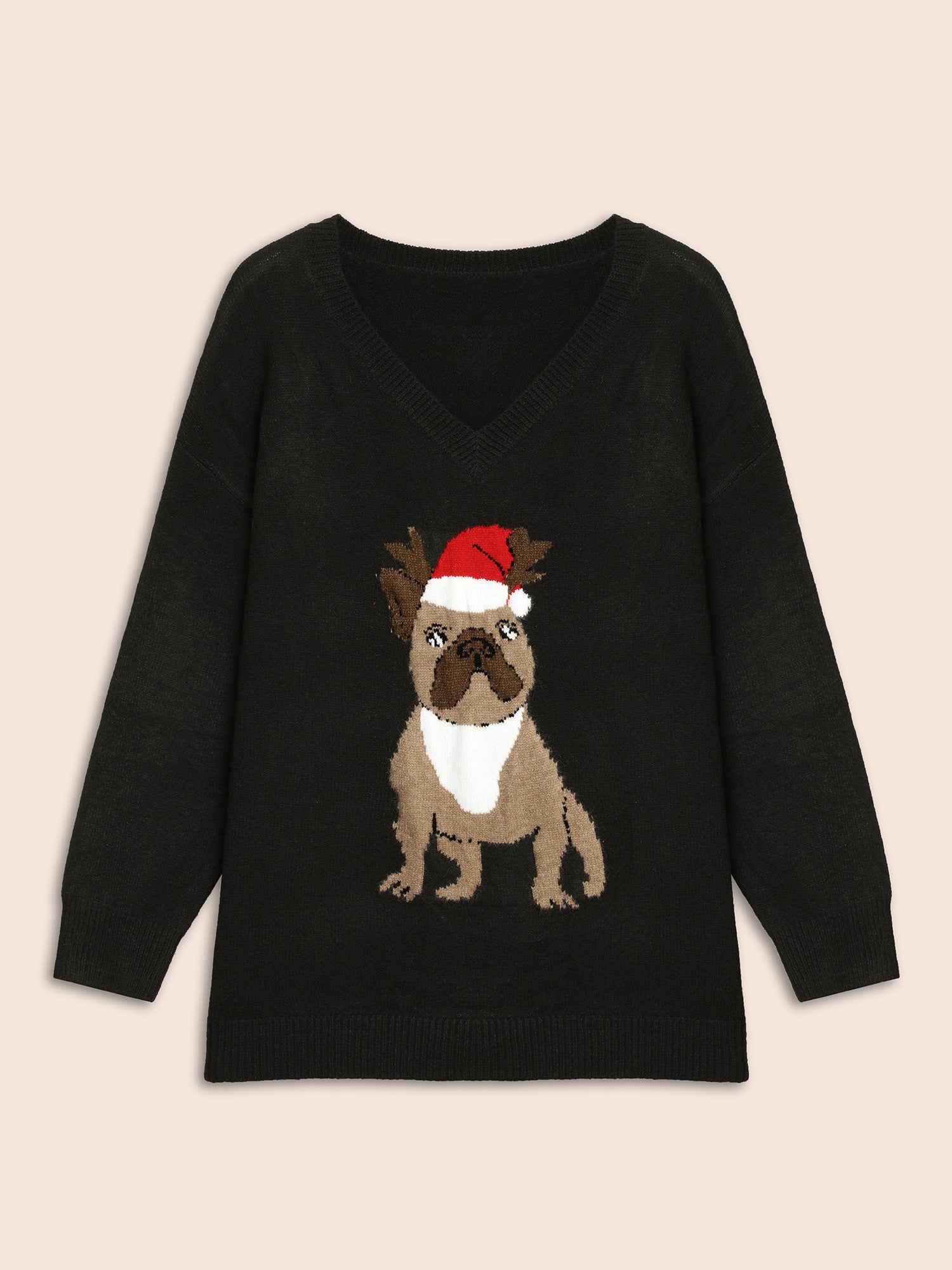 Holidazzled Dog Motif Furry V-neck Pullover