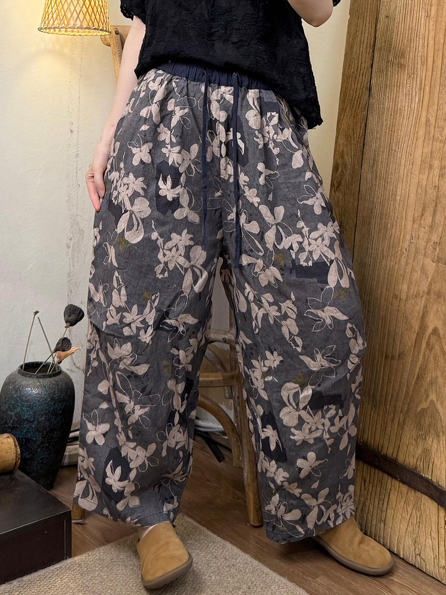 Women Summer Artsy Flower Linen Straight Pants