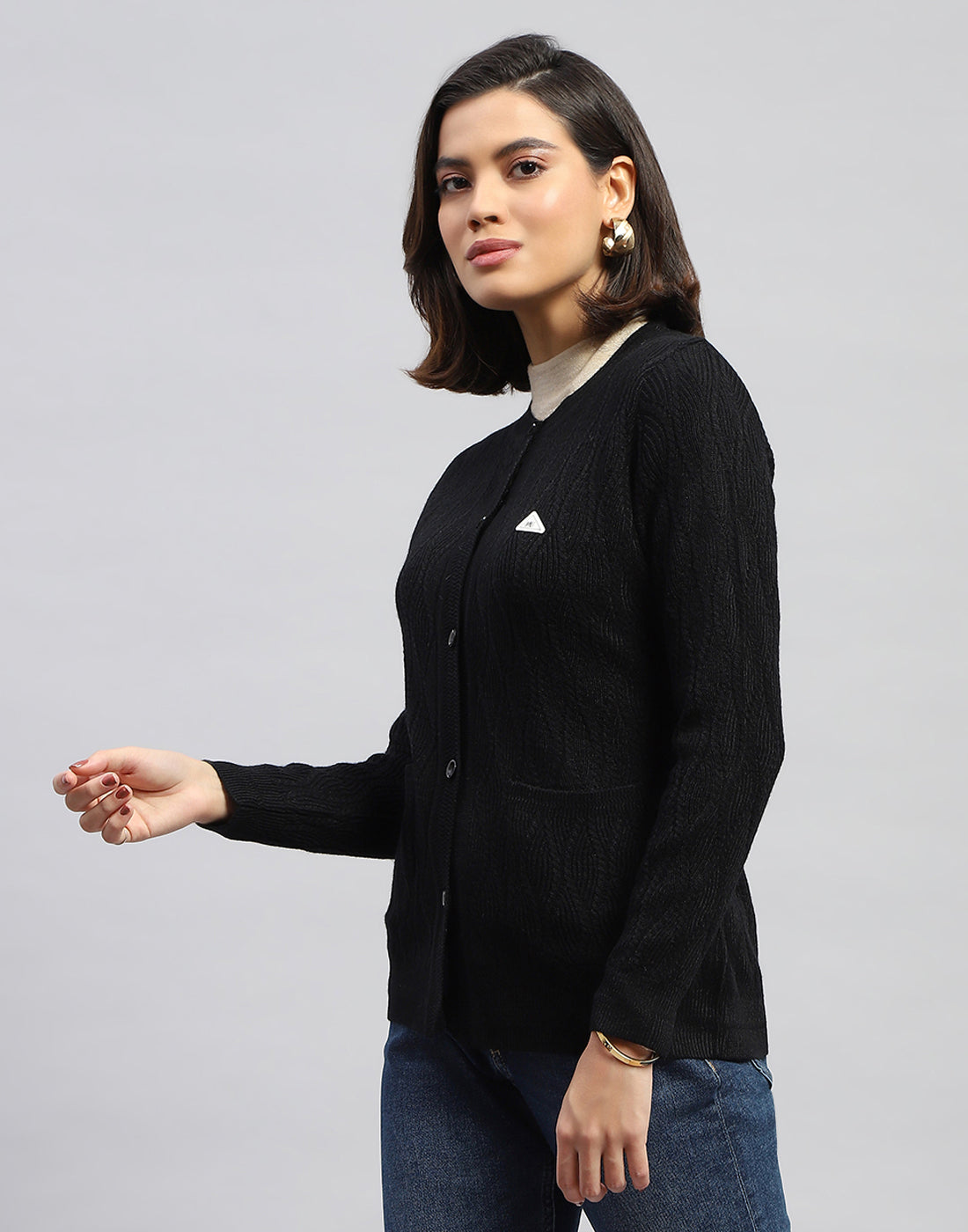 Women Black Self Design Round Neck Full Sleeve Cardigan