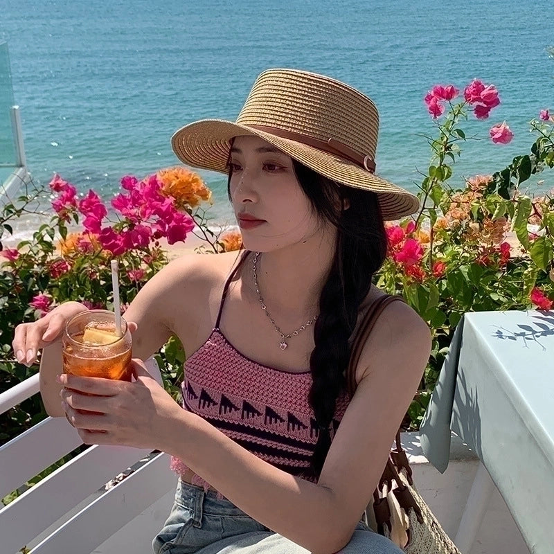 Women's Vacation Color Block Flat Eaves Straw Hat