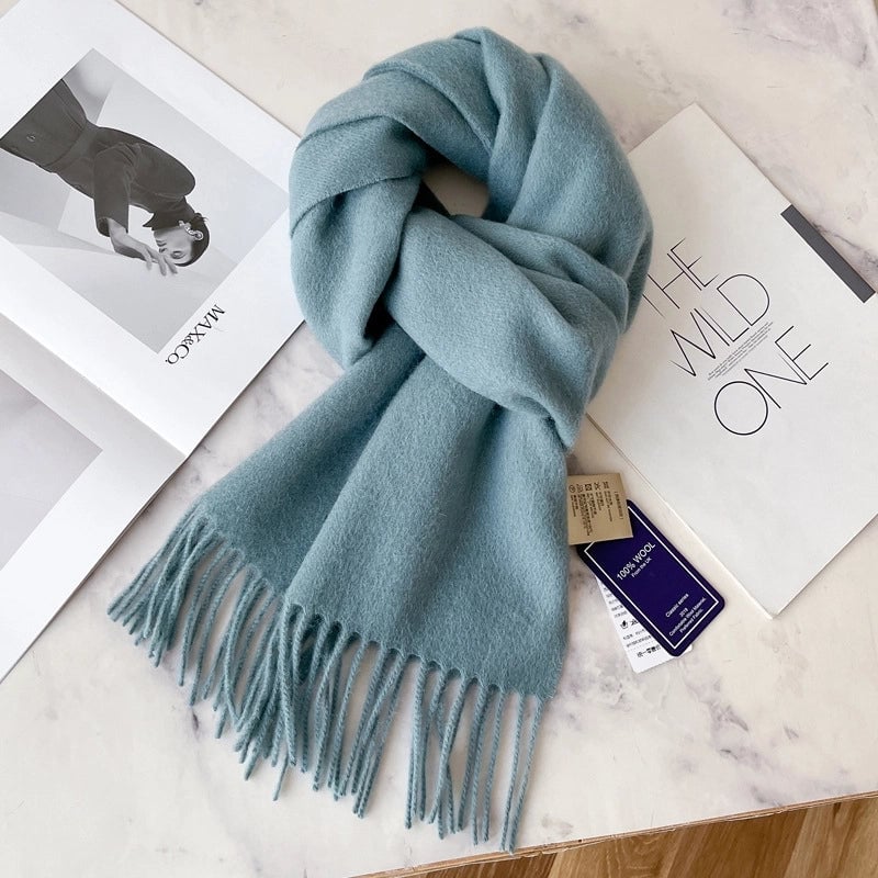 White Pure Wool Scarf Female Winter Student Warm Scarf New Versatile Tassel Narrow Scarf Couple