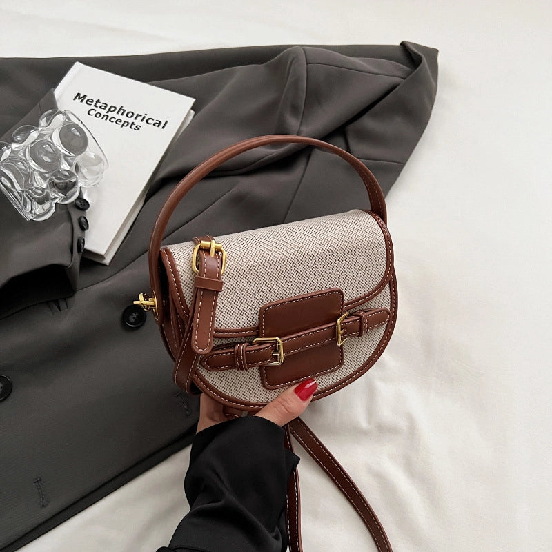 Women's Small Pu Leather Color Block Streetwear Square Magnetic Buckle Saddle Bag