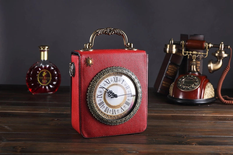 Women's Medium Pu Leather Clock Vintage Style Square Zipper Handbag