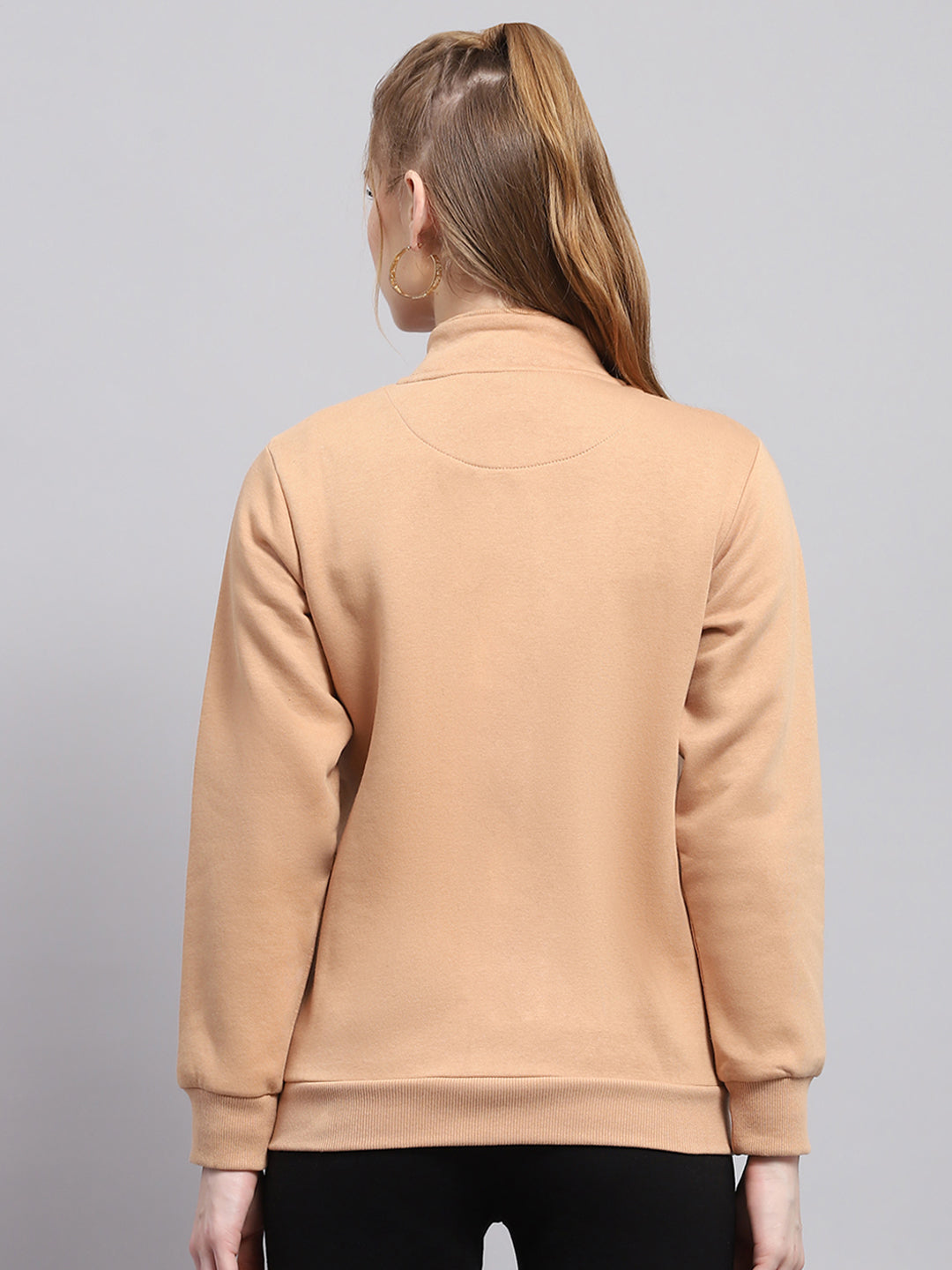 Women Peach Solid Mock Neck Full Sleeve Sweatshirt