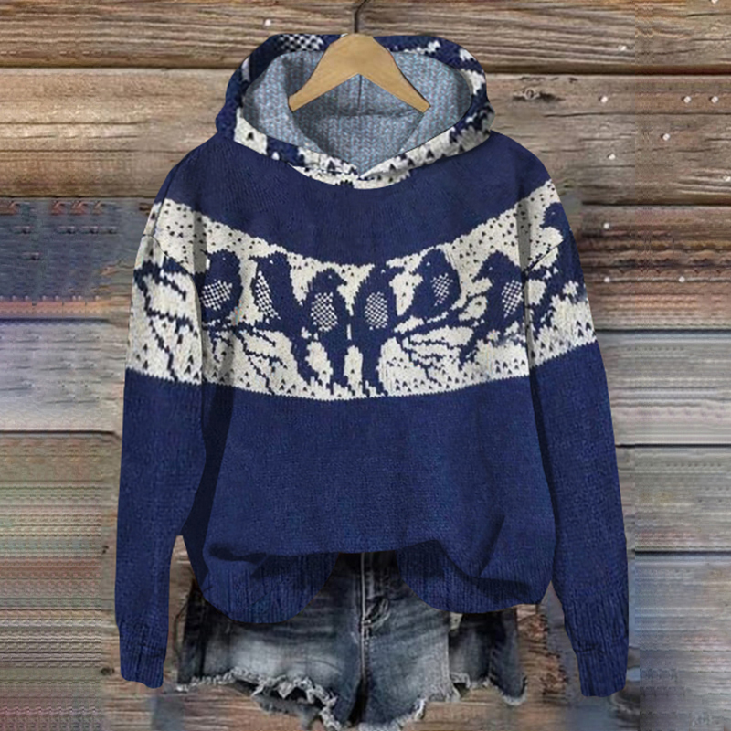 Vintage Bird Jacquard Knit Hooded Sweater