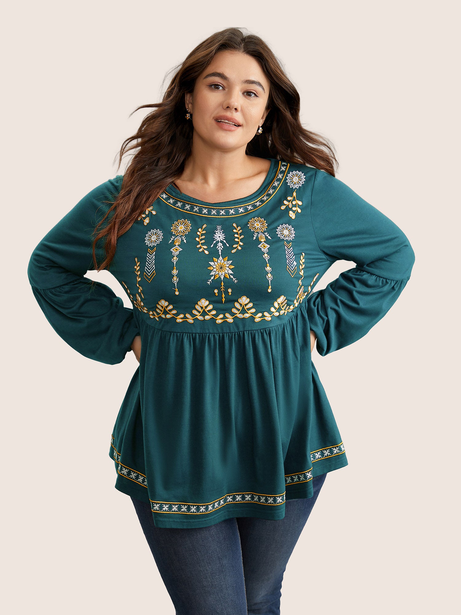 Bandana Embroidered Round Neck Lantern Sleeve T-shirt