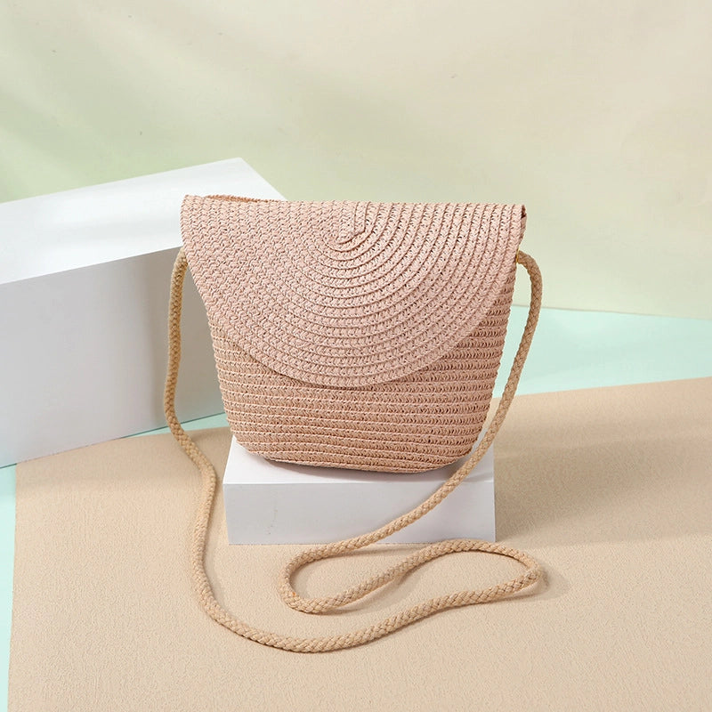 Women's Straw Solid Color Beach Weave Square Zipper Flip Cover Straw Bag