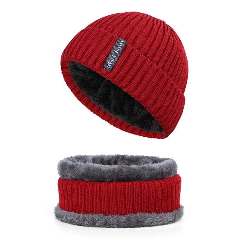 Autumn And Winter New Men's Style Knitted Hat Plus Velvet Padded Scarf Two-piece Warm Knitted Hat