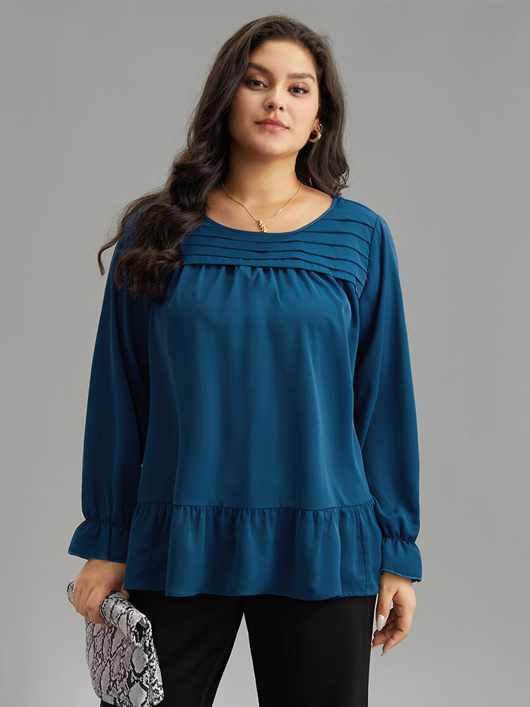 Static-Free Plain Pleated Ruffles Lantern Sleeve Blouse