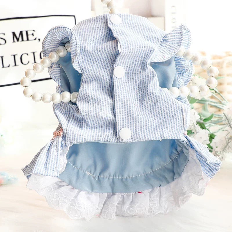 Sweet Lace Collar Striped Bow Dog Cat Dress