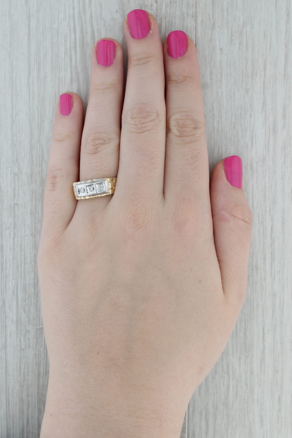 Vintage Diamond 3-Stone Men's Ring Wedding 10k Gold Nugget Band Size 10.75
