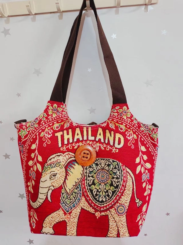 Women's Large Canvas Elephant Ethnic Style Square Zipper Shoulder Bag