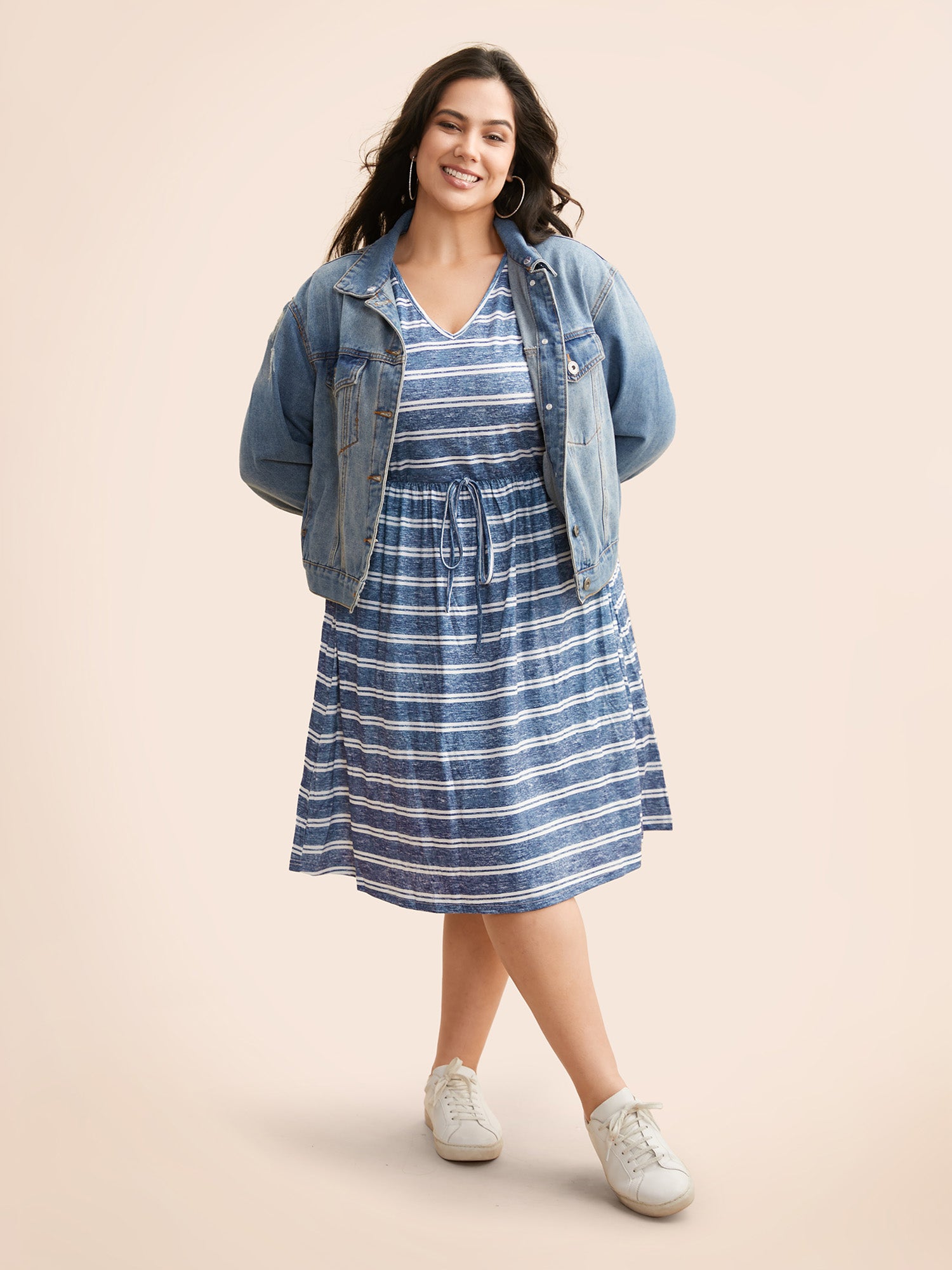 Striped Ties Pocket Roll sleeve Dress