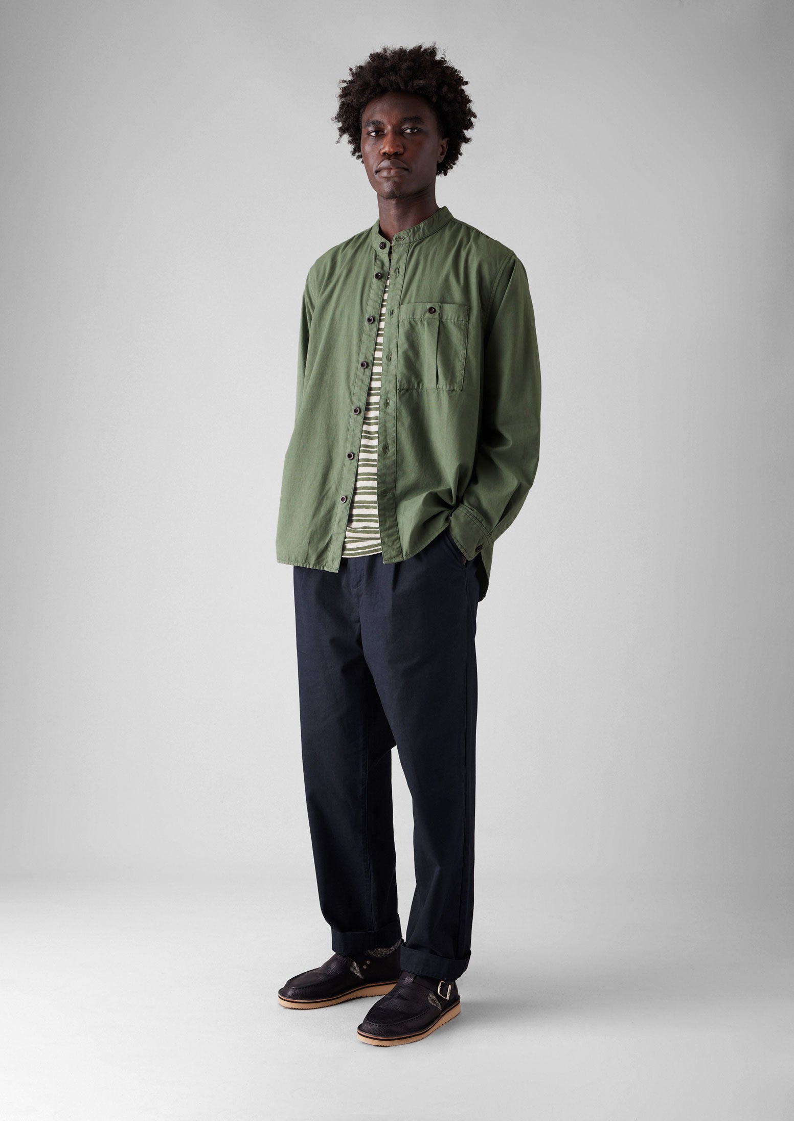 Garment Dyed Oxford Grandad Collar Shirt | Olive
