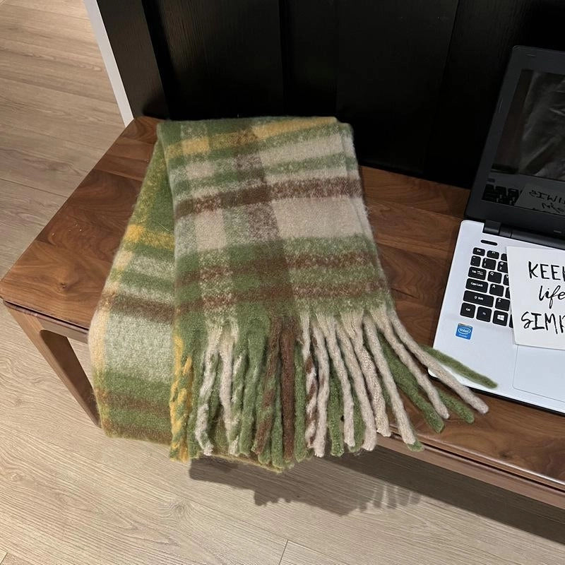 Rainbow Plaid Tassel Mohair Scarf Autumn And Winter Thickened Student Warm Scarf For Women