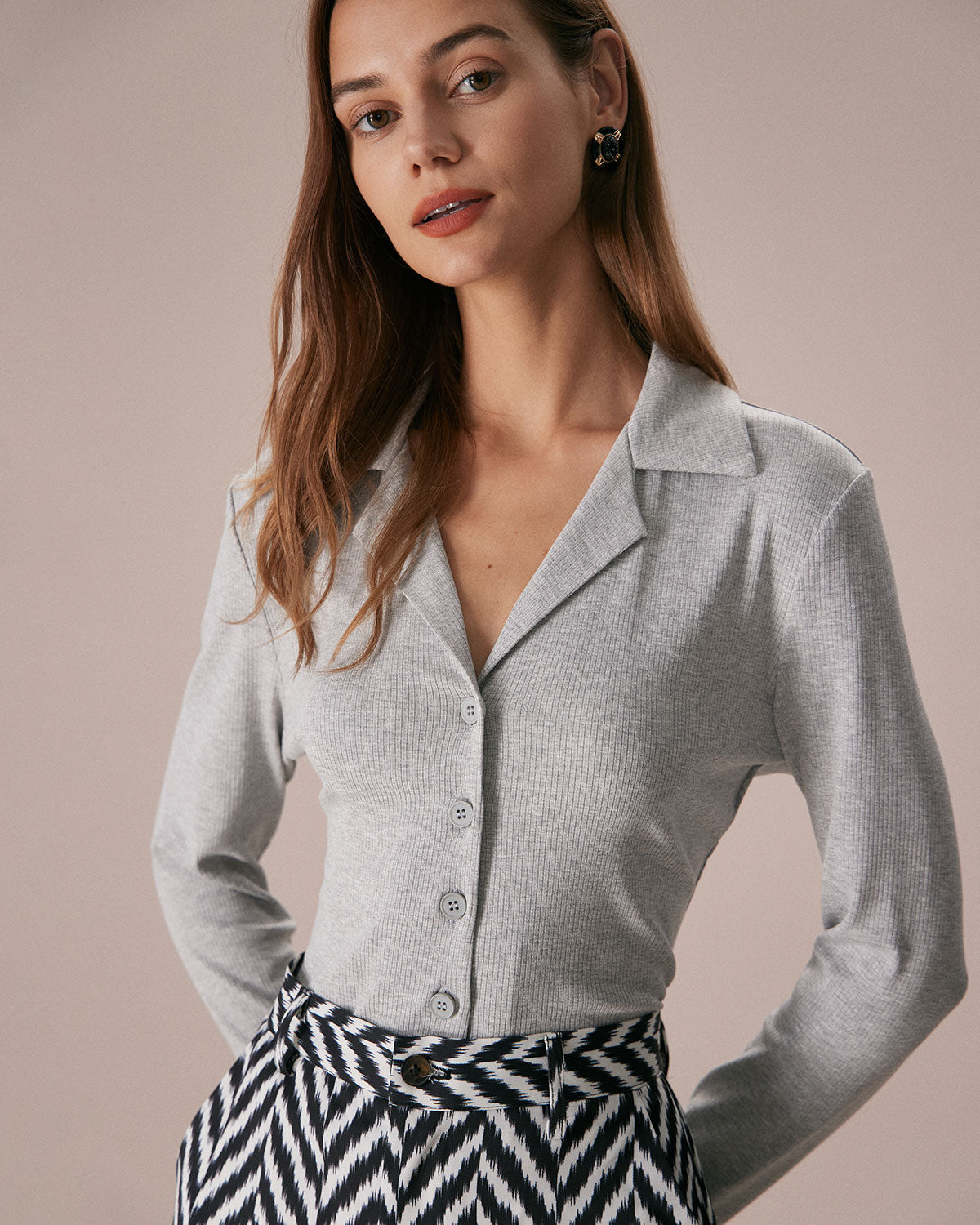 The Grey Lapel Button Down Ribbed Knit Top