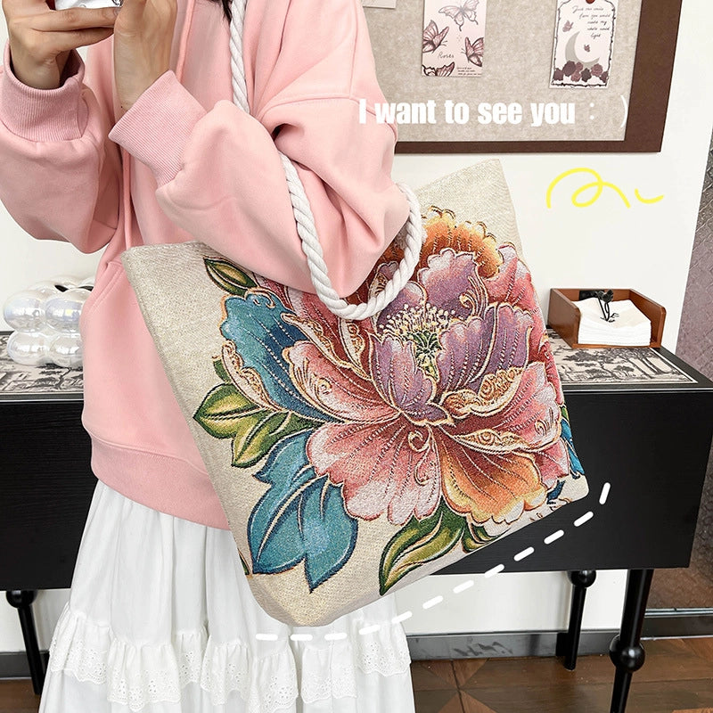 Women's Medium Canvas Elephant Ethnic Style Classic Style Square Zipper Tote Bag