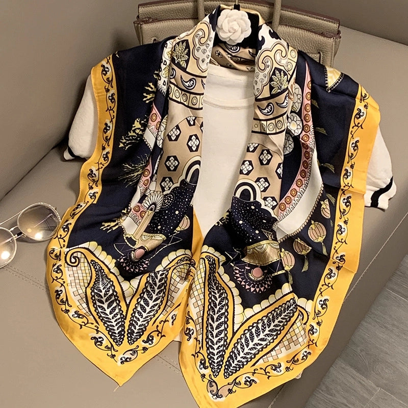 Women's IG Style Elegant Stripe Flower Chains Print Satin Printing Silk Scarf