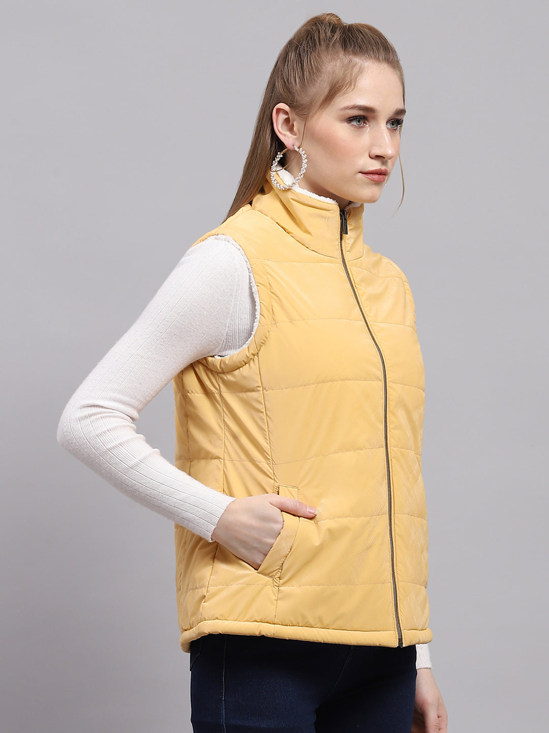 Women Yellow Solid Mock Neck Sleeveless Jacket