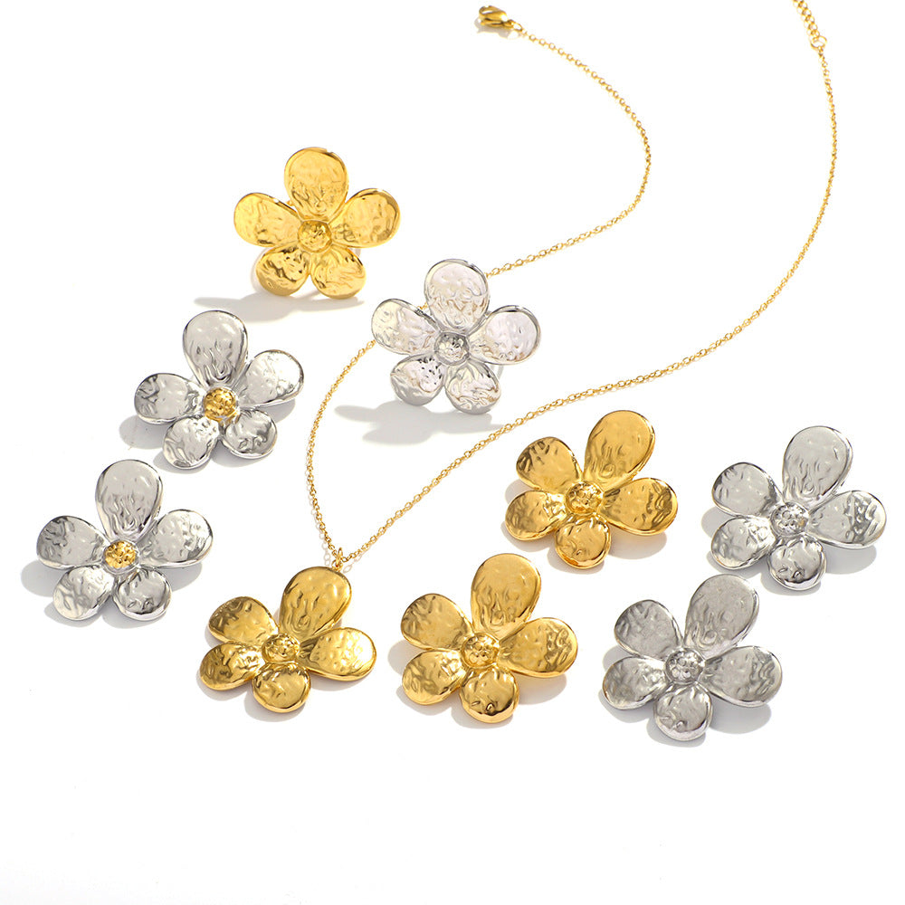 Multicolor Flower Jewelry Set Stainless Steel 18K Real Gold Pleated Women'S Necklace Earrings Ring