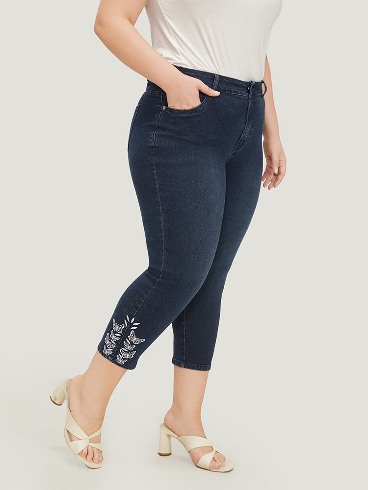 Very Stretchy High Rise Dark Wash Butterfly Embroidered Jeans
