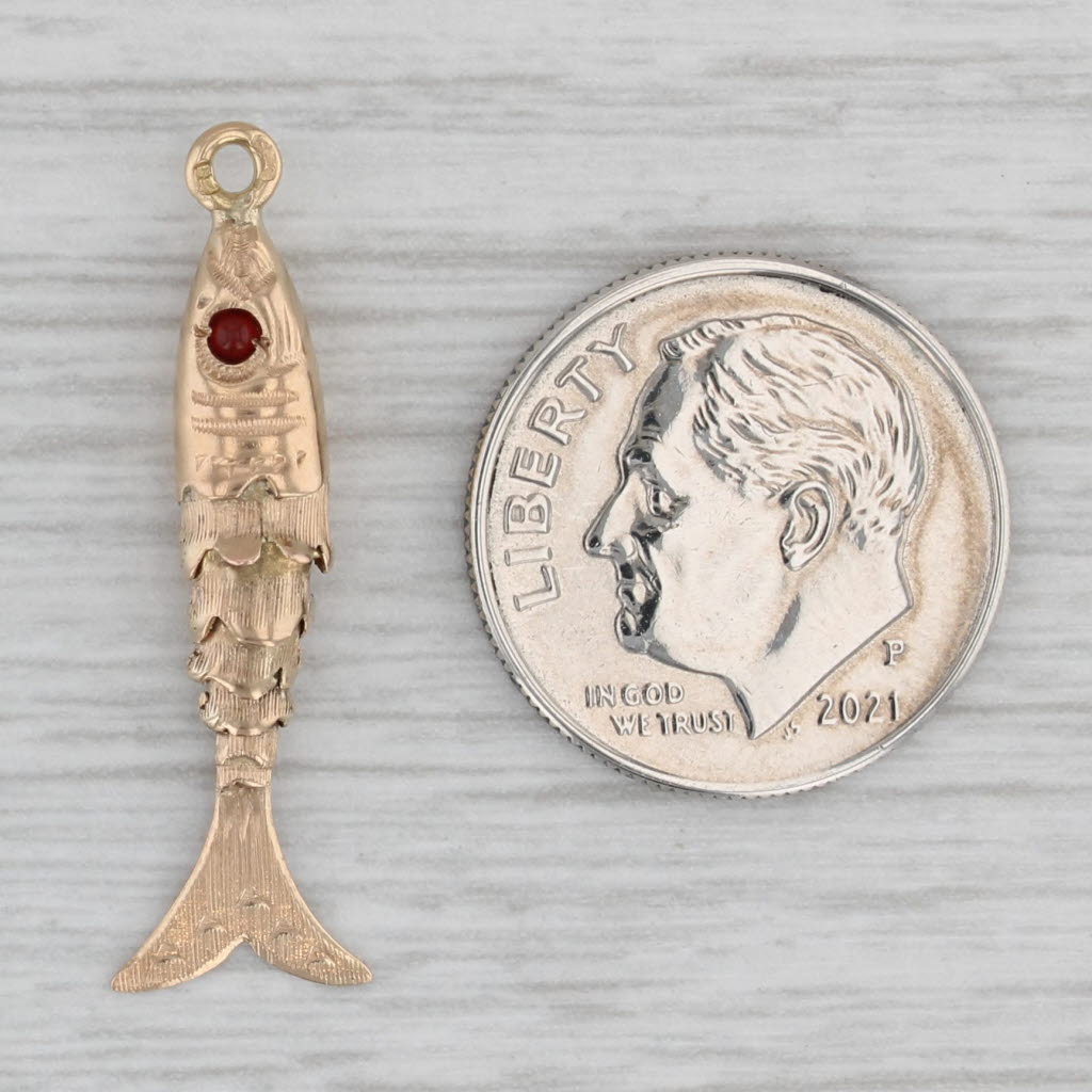 Articulating Fish Charm 800 Yellow Gold Red Glass Eye Nautical Pendant