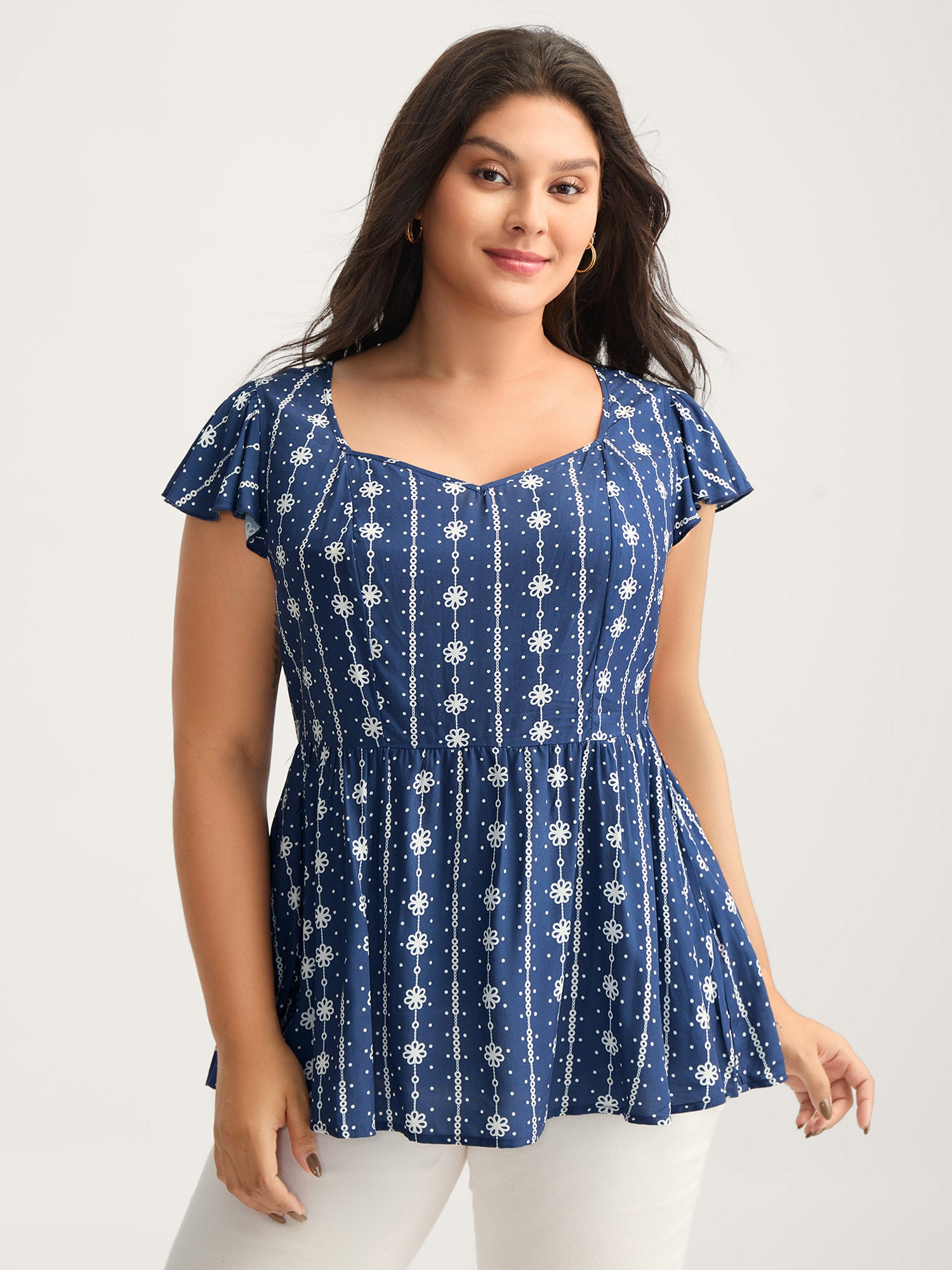 Rayon Floral Stripe Sweetheart Blouse