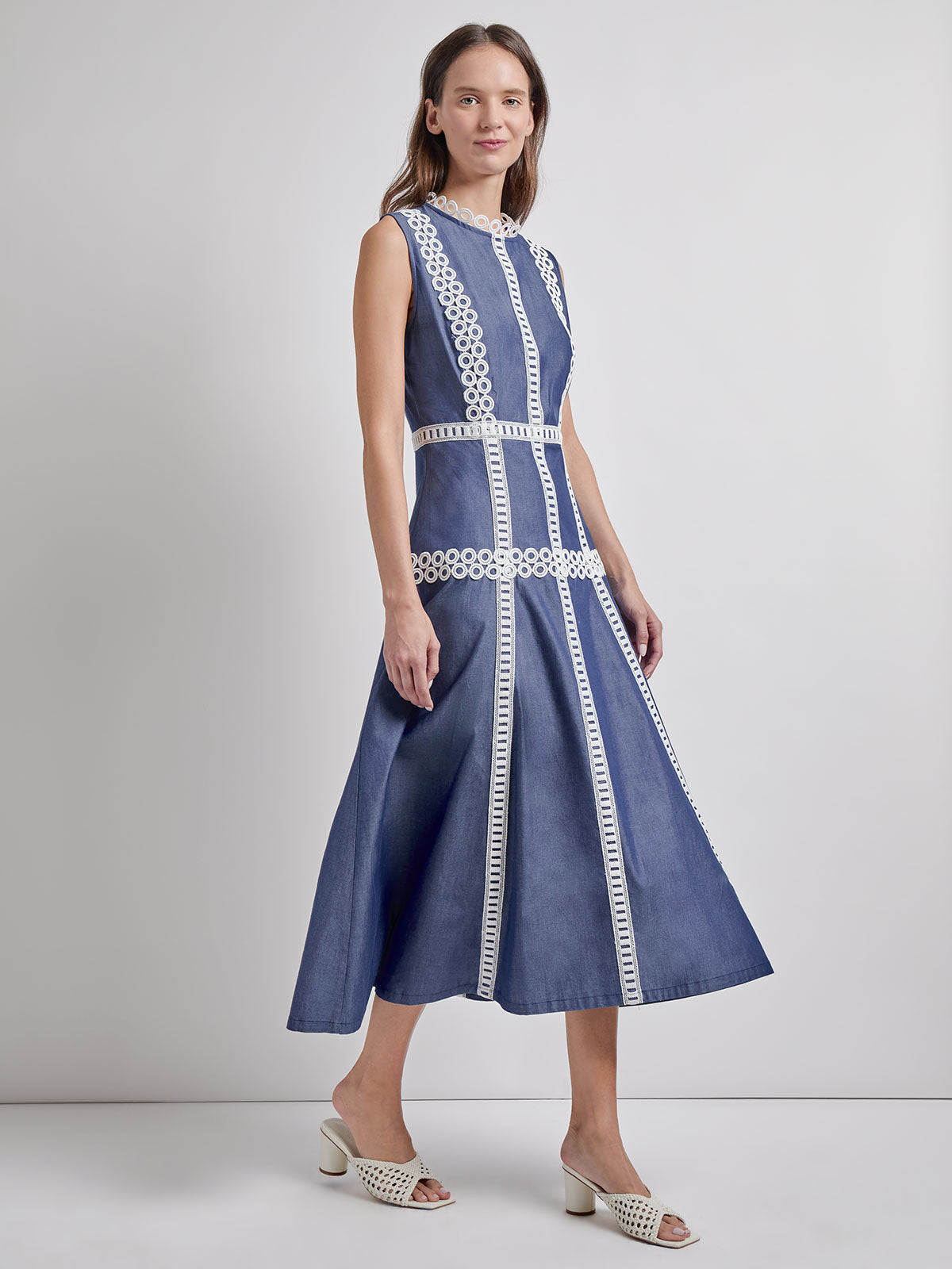 Modern Fit & Flare Cotton Eyelet Trim Maxi Dress