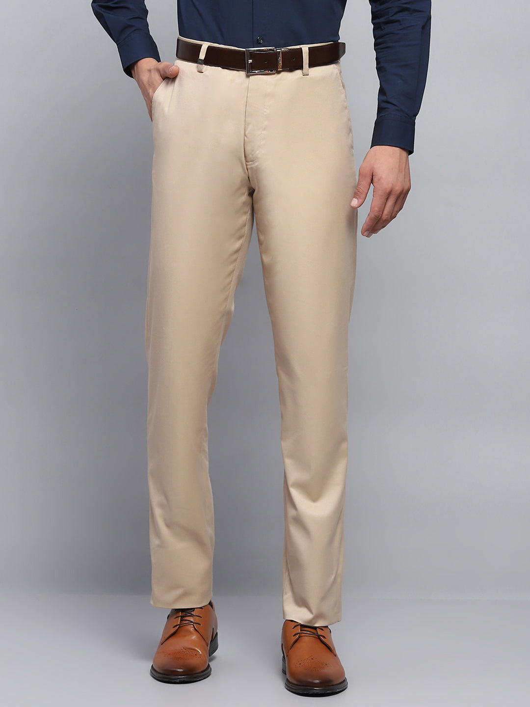 Men Beige Solid Smart Fit Trouser