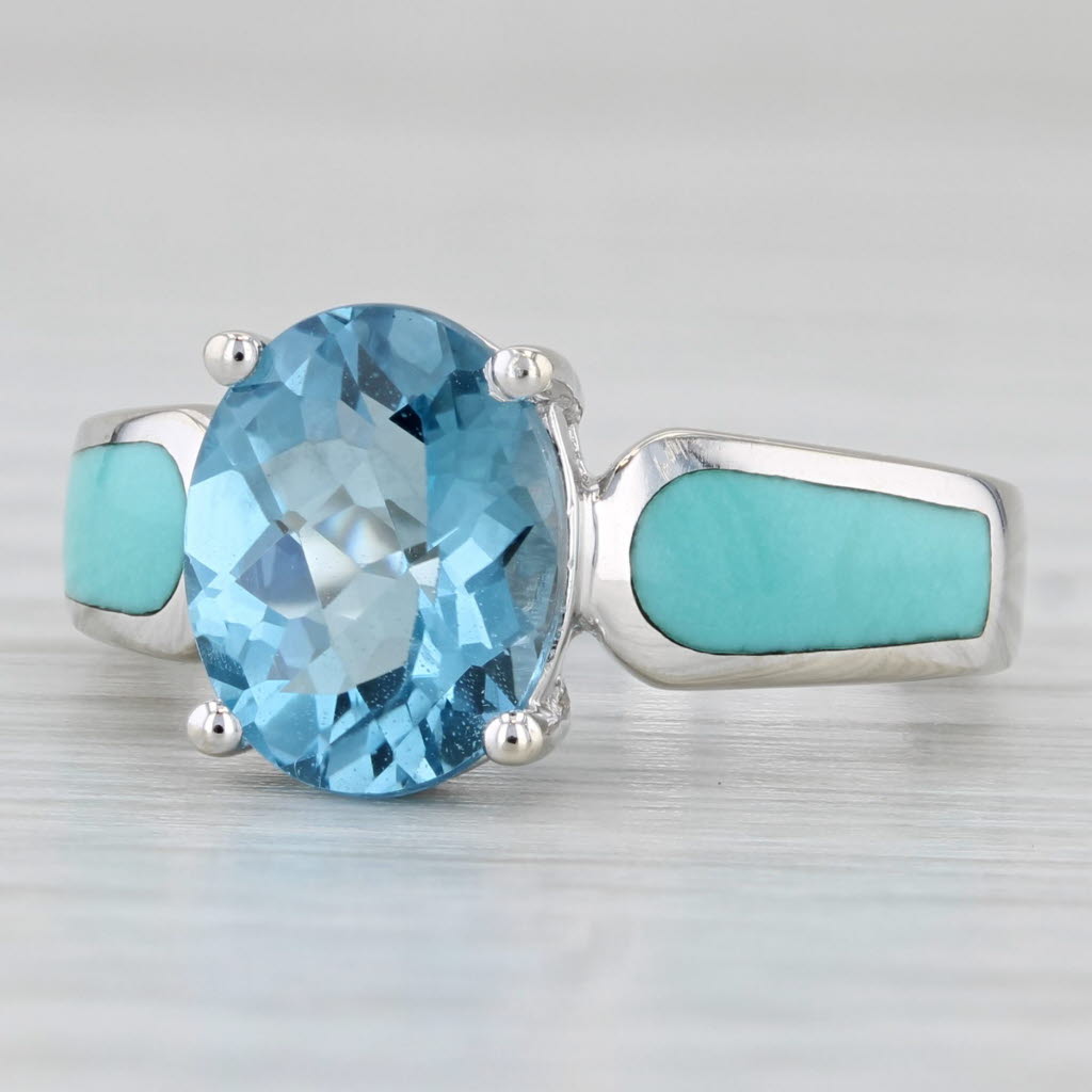 3.10ct Oval Blue Topaz Enamel Ring 10k White Gold Size 6