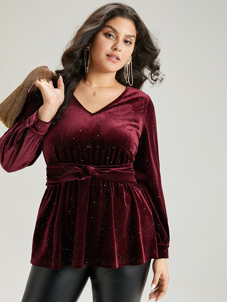 Glitter Sequin Velvet Twist Front V Neck Blouse